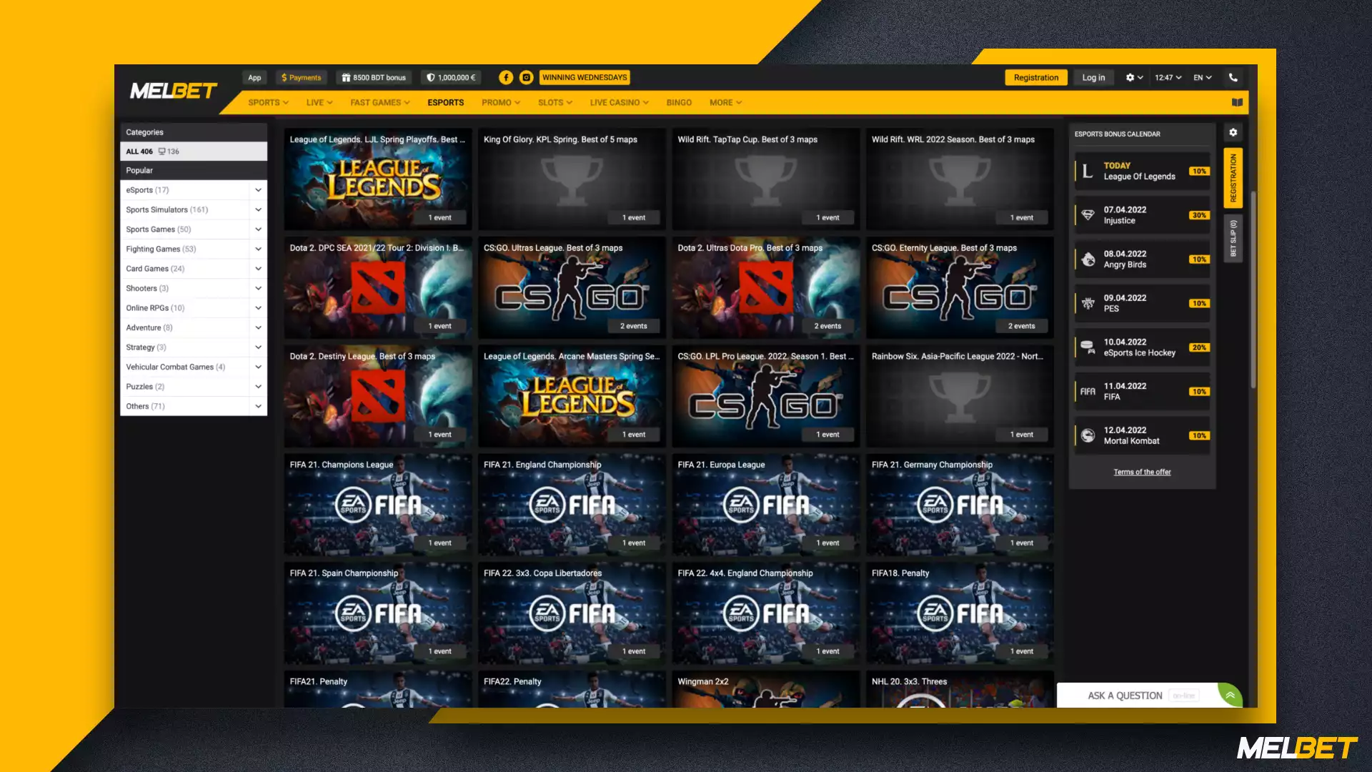 Seção de apostas em eSports na Melbet